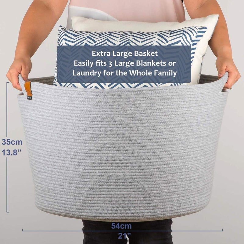 DENJA & CO Extra Large Woven Basket for Storage | Organize Pillows, Toys, and Laundry | Cotton Rope Storage Basket for Blankets, Towels and Nursery Storage | Light Gray (21 inches x 13.8 inches) - Image 4